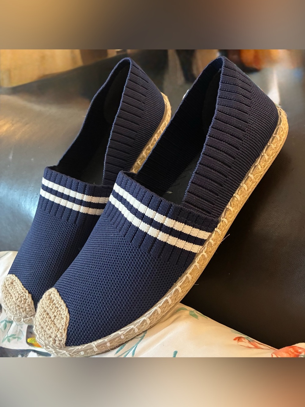 New without tags Babudog navy blue with white stripe espadrilles women’s size 7.